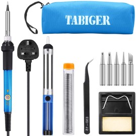 Tabiger Soldering Iron Kit Electronics 60W Adjustable Temperature Welding Tool with 5pcs Soldering Iron Tips, Soldering Iron Stand, Desoldering Pump, Solder Wire, Tweezers and Portable Carry Bag