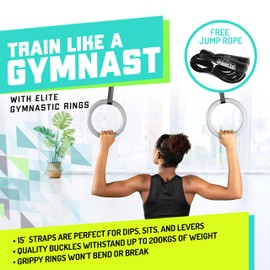 Elite Sportz Gymnastic Rings - Exercise Ring Set for Total Body Strength Training & Pull Ups w/Secure Buckles & Straps - 2 Non Slip Olympic Rings, Indoor Workout Equipment for Kids & Adults