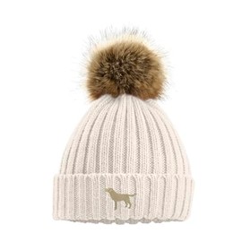 The House Of Dog Golden Yellow Labrador Retriever Owner Gift. Faux Fur Pom Pom Chunky Knit Super Soft Unisex Embroidered Beanie Hat Oatmeal