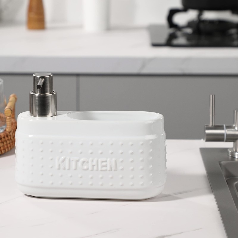 White Dish detergent dispenser for Kitchen Sink.Ceramic Dishwashing Liquid Dispenser