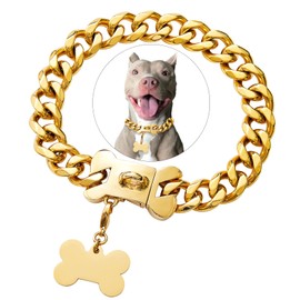 Gold Stainless Steel Cuban Link Heavy Duty Dog Collar for Small Medium Large Dogs, American Bully French Bulldog Dog Necklace Collar with Safety