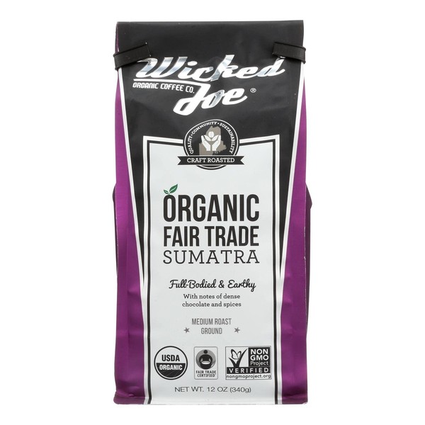 Wicked Joe Coffee Organic Whole Bean Coffee, Sumatra 12.0 OZ (Pack of 6)
