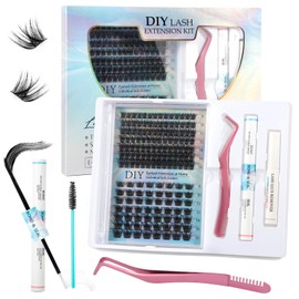 JAMATA Eyelash Extensions, 154 Tufts, Individual Eyelashes with Eyelash Glue, Eyelash Remover and Tweezers, Cluster Eyelashes, Individual Applicator Tool, DIY Eyelash Extension Kit for Beginners (D