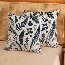 GOLIANDA Navy Blue Leaf Plant Pillow Covers 18x18 Set of 2 Spring Tropical Fern Herbs Botanical Decorative Pillow Cases Vintage Leaves Floral Cushion Cover Decor Outdoor Throw Pillows for Couch Sofa