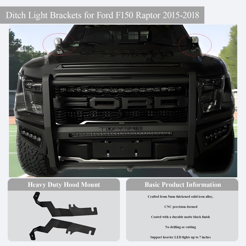 Teurroie Hood Hinges Ditch Work Light Brackets for Ford F150