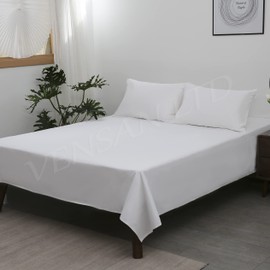 Flat Bedding Sheet, Size Double. 100% Cotton Satin, 300 Thread Count, White, Soft, Silky, and Breathable Natural, 5 Star Hotel Quality.
