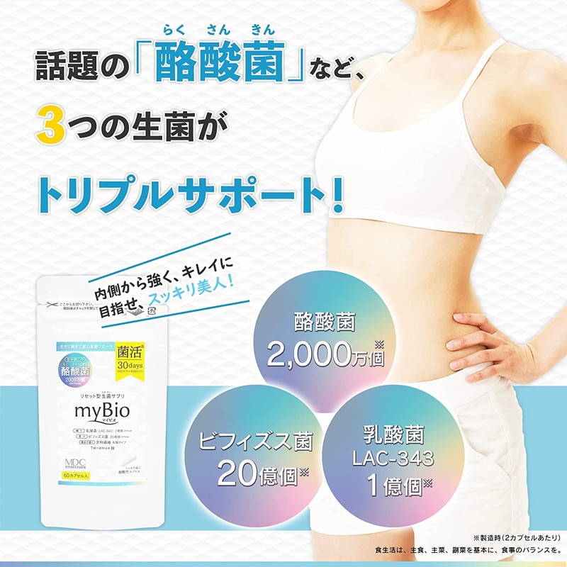 MDCメタボリック マイビオ 菌活サプリ (60カプセル×3袋) お徳用 生菌 (乳酸菌/ビフィズス菌/酪酸菌) 食物繊維 穀物麹 フローラ