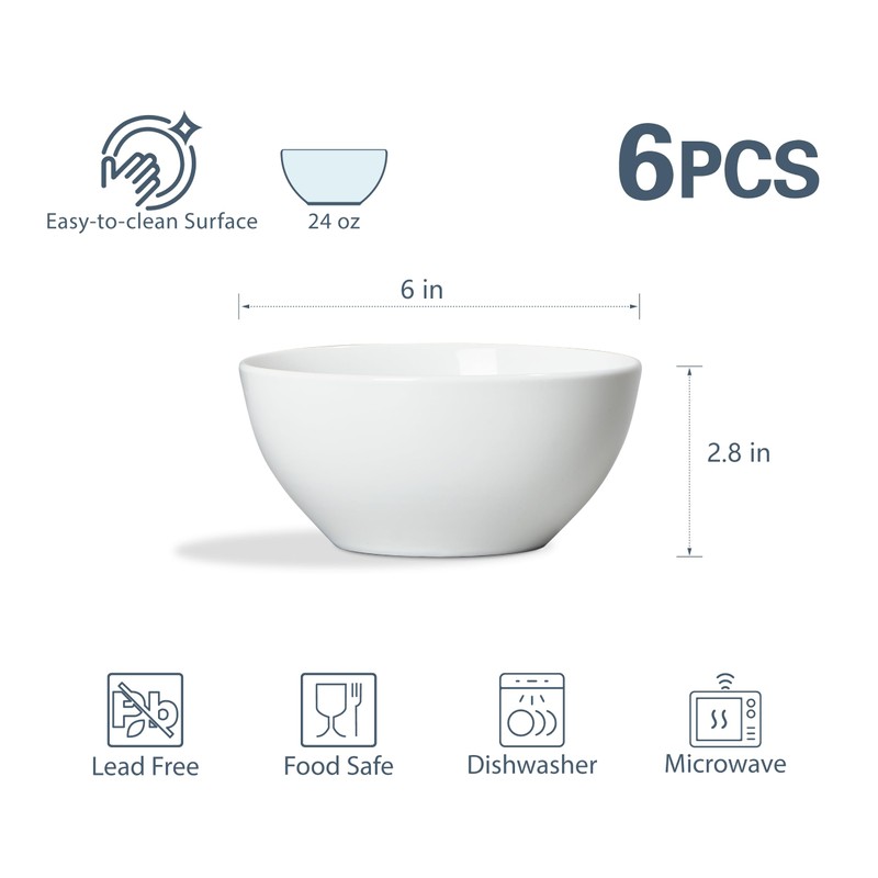 ONEMORE White Ceramic Bowls Set of 6, 24 oz Soup