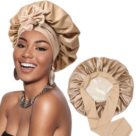 YMWALK Double-Sided Satin Sleep Bonnet with Bow - Adjustable Silk-Like Hair Wrap for Women, Hair Bonnet for Bath,Shower & Night Cap for Curly/Straight Hair (Khaki+Beige)