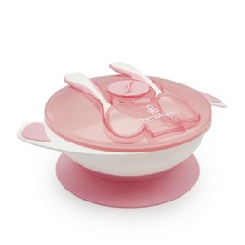 Primo Passi Baby Suction Bowl with Lid Snap-in Fork & Spoon - BPA Free First Stage Self Feeding Utensils (Light Pink)