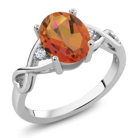 Gem Stone King 925 Sterling Silver Oval 9X7MM Twilight Orange Mystic Quartz and Round 1.8MM White Topaz 3-Stone Ring for Women | 1.85 Cttw | Available In Size 5, 6, 7, 8, 9