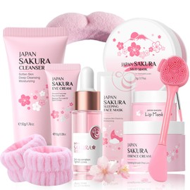 Sakura Skin Care Set Teenager Mädchen Geschenke - Skincare Set 10 Stück - Hautpflege Beauty set Mädchen - Anti Aging & Nährend Gesichtspflege Damen Set - Mit Cleanser,Serum,Creme,Schlammmaske