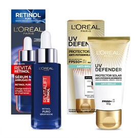 LOréal Paris Kit Sérum de Noche Revitalift Retinol Puro y Protector Solar Diario FPS50 UV Defender Anti-Brillo                                        