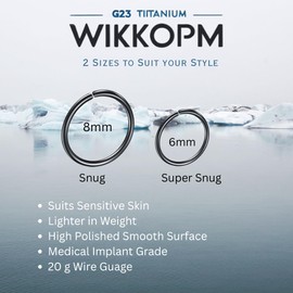 WIIKKOPM 2pk Black Nose Ring Set G23 Titanium Nose hoops 6mm + 8mm Diamter, 20g Guage for Nose helix Tragus Septum cartilague