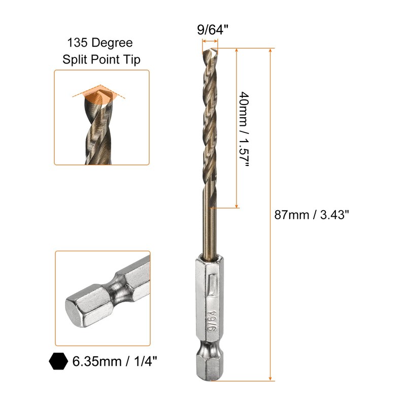 sourcing map 1/4" Hex Shank Drill Bit 9/64" Gold Oxide