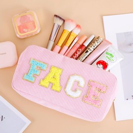 Preppy Patch Makeup Bag,Travel Cosmetic Bags Corduroy Portable Waterproof Toiletry Storage Case with Chenille Letter Zipper Daily Use Pouch for Women,Pink Face