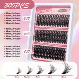 Künstliche Wimpern 300 Pcs DIY Cluster Wimpern D Curl 10-18mm Wimpern Extensions Set Einzelne Wimpern 30+40+50D Lash Cluster Set Natürliche Fake Wimpern,Lashes Extension Set für Anfänger