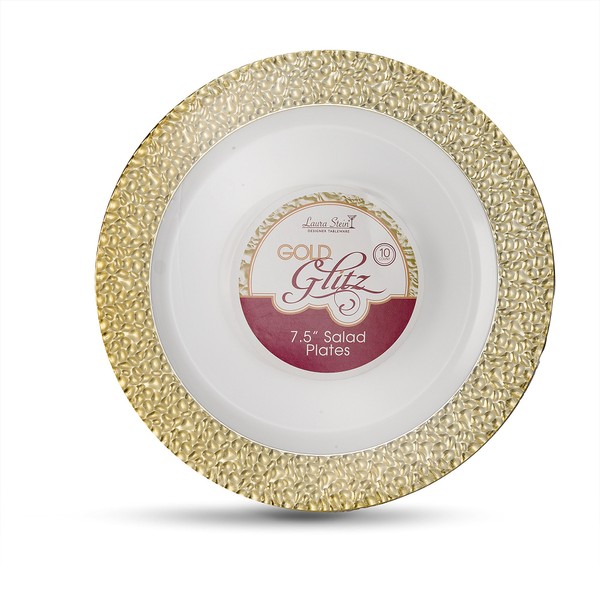 [16 Count - 7 Inch Plates] Laura Stein Designer Tableware Premium Heavyweight Plastic White Appetizer - Salad Plates With Gold Border, Party & Wedding Plate, Glitz Series, Disposable Dishes