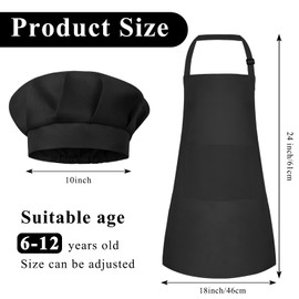 BOUBONI Kids Apron and Chef Hat Set Adjustable Child Art Aprons with 2 Pockets Toddler Chef Hat and Apron for Cooking Baking Painting (Black)
