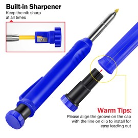 Hiboom 2 Pack Solid Carpenter Pencil with 14 Refill, Long Nosed Deep Hole Mechanical Pencil Marker with Built-in Sharpener for Carpenter Woodworking Architect Fathers Day Gift (Black, Blue)