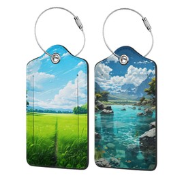 2P Mountain Landscape Scenery Meadow Lake Sky Luggage Tags Privacy Cover ID Label with Stainless Steel Loop and Address Card for Travel Bag Suitcase Funny Cute Man Women Kids