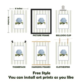 Pleonox Blue Hydrangea Floral Inspirational Wall Art Prints 8x10 Inch Set of 3, Sage Green Striped Hydrangea Flower Botanical Pictures Wall Decor for Home Living Room Girly Bedroom Dorm, Unframed