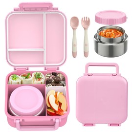 BEAQUEE Bento Box for kids with Thermos – Leakproof 4-Compartment Lunch Box with 9oz Stainless Steel Food Jar, Hot & Cold Lunch Container Set for School Girls Boys, Dishwasher Safe, Pink