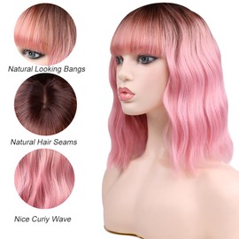 ZYYDSGO Pink Short Wavy Wig for Women Shoulder Length Bob Curly Women's Charming Bob Synthetic Wigs (Ombre Pink)