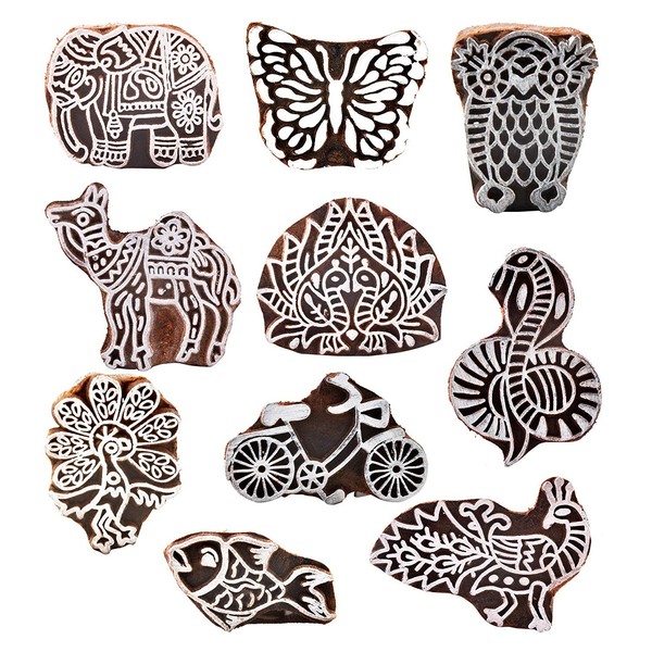 Hashcart Wooden Printing Blocks Stamps | Decorative Motif Wood Stamps for Scrapbooking | Block Printing on Fabric, Paper, Clay, Saree Border. Card Making. Painting.- Set of 10