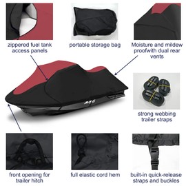 Zenicham 600D Jet Ski Cover - Trailerable Seadoo Cover, Waterproof Jetski Cover, PWC Cover Fits Seadoo, Yamaha, Jet Ski Watercraft Cover Fits from 103"-115" (1 or 2 Seater), Red & Black