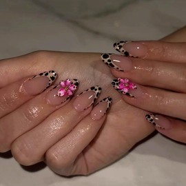 24Pcs French Tip Press on Nails Medium Almond Fake Nails Cute False Nails with Leopard Print Flower Designs 3D Flower Glue on Nails Nude Pink Acrylic Nails Women and Girls DIY Nail Art Decoration