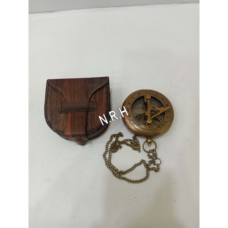 Nautical Sundial Compass Antique Vintage Style with Leather Box and