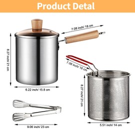 Spalivivre Deep Fryer Pot, 3L/ 101oz 304 Stainless Fryer Pot with Strainer Basket, Wooden Handle, Tongs and Glass Lid, Japanese Tempura Fryer Pot for Frying Fish Chicken Shrimp