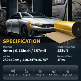 X AUTOHAUX 157mil 4mm 12sqft Sound Deadening Mat Aluminum Foil Foam Heat Shield Material for Hood Fender and Boat Engine Cover 110.24"x15.75" Gold Tone