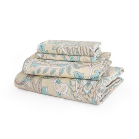 JSD Beige Paisley Cotton Sheet Set Queen Size, 300 TC Printed Sateen Bed Sheets Deep Pocket, Soft Breathable Wrinkle Free