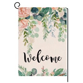BLKWHT Spring Floral Welcome Garden Flag 12×18 Inch Small Vertical Double Sided Farmhouse Greenery Eucalyptus Leaves Burlap Yard Outdoor Decor