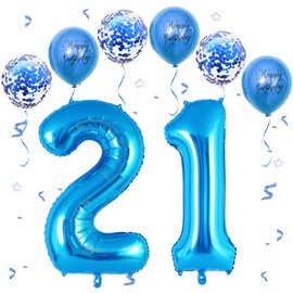 Number 21 balloons Blue，21 Balloons Birthday Boy Girl,40Inch Foil Number 1 & 2 Balloons with 6 Blue Metal and Confetti Helium Balloons for 21th 12th Year Old Birthday Decorations