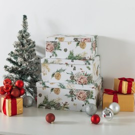 Soul & Lane Christmas Gift Box - Evergreen Ensemble - Set of 3: Holiday Themed Nesting Storage Boxes, Keepsake and Photo Boxes with Lids, Festive Decorative Cardboard Containers for Presents