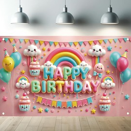 Starlit Patio Kawaii Birthday Party Backdrop: Rainbow Cloud Cupcake Banner with Balloons, Polyester, 71 x 43 Inch