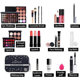 Kit Maquillaje para Mujer, Set de Maquillaje para Mujer, Kit Cosmético Completo Todo en Uno, Paquete de Inicio Esencial que Incluye Paleta de Sombras de Ojos, Juego de Brillo de Labios, Rubor, Base, Lápiz de Cejas, Incluye Juego de Brochas de Maquillaje
