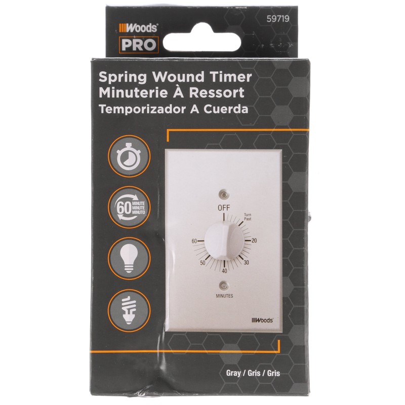 Woods 59719 In-Wall 60 Minute Spring Wound Timer; Grey/Gray