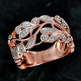 Women's 925 Silver Ring, Engagement Ring, Women's Ring, Gold Ring, Rose Gold, Ideal as a Gift with Designer Leaf Ring and Small Diamond., Sterling Silver, White Diamond