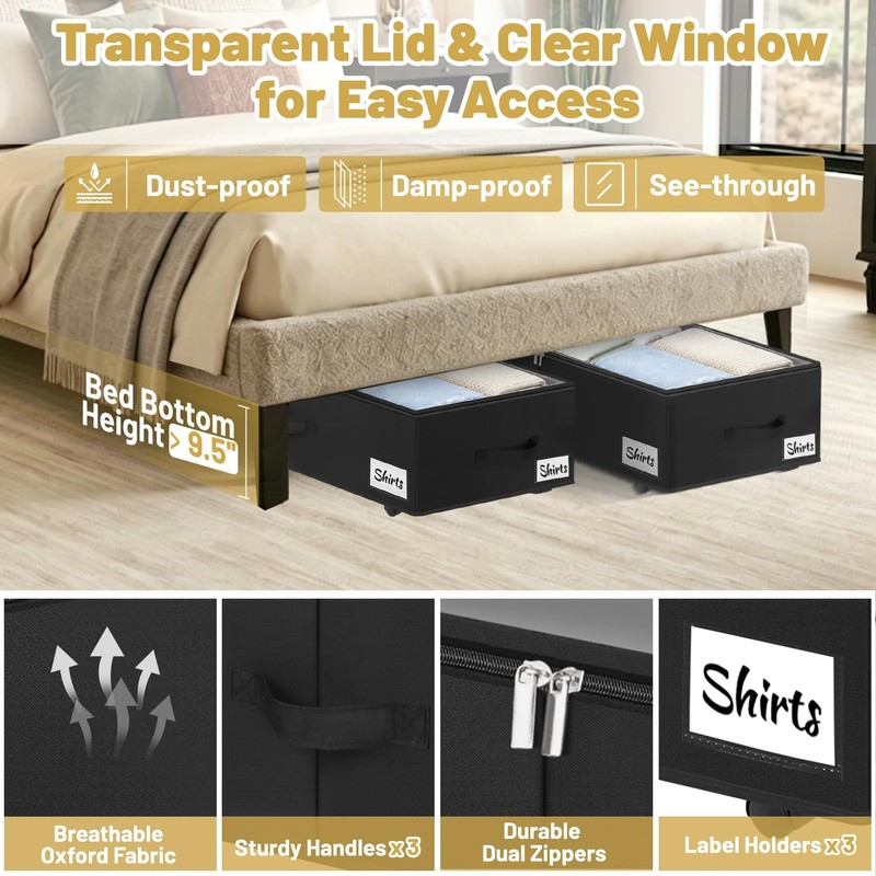 Under Bed Storage with Wheels, 2 Pack Underbed Storage Containers