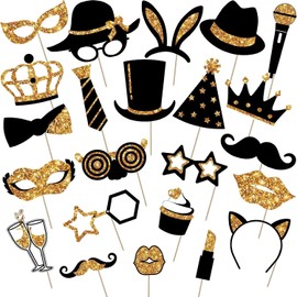 24 Pieces Party Photo Booth Props for Birthday Weddings Graduation Prom New Year Party Supplies Mix of Hats, Lipstick, Tie, Crowns (Golden)