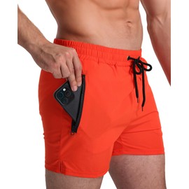 Mens Swim Trunks 5" with Mesh Lining Quick Dry Beach Shorts with Zipper Pockets Sports Swimming Trunks for Men, Orange, Large