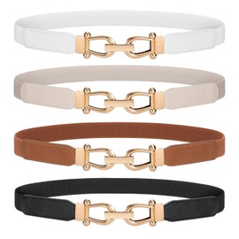 JasGood Skinny Elastic Waist Belt Thin Women's Vintage Belt Fashion Stretchy Belt Stretch Waist Belt with Golden Buckle, A-Black+Brown+White+Beige