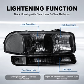 MOSTPLUS Headlight Assembly Compatible with 1999-2006 GMC Sierra 1500 2500/00-06 GMC Yukon Front Lamp with Black Housing/Clear Lens/Clear Reflector