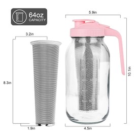 Cold Brew Coffee Maker，64 oz Wide Mouth Mason Jar Pitcher with Stainless Steel Filter, Pour Spout Handle Lid, Heavy Duty Glass Airtight & Leak-Proof Pitcher for iced coffee & Tea Lemonade-Pink