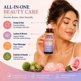Organic Castor Oil Roll On with Natural Rose Quartz Roller,100% Pure Cold-Pressed Castor Oil Hexane Free for Nourishing Eyelashes Eyebrows,Hair,Under Eye,Scalp,Nails,Cuticles,Face Skin Care,1.7Fl Oz