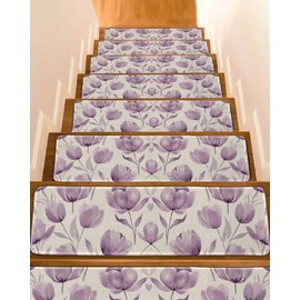 Stair Treads Non Slip for Wooden Steps Spring Flowers Purple Tulip Flower Watercolor Floral Retro Stair Runner Carpet Reusable Adhesive Staircase Rugs for Dogs, Elders and Pets, 8x30 Inch, 4PCS